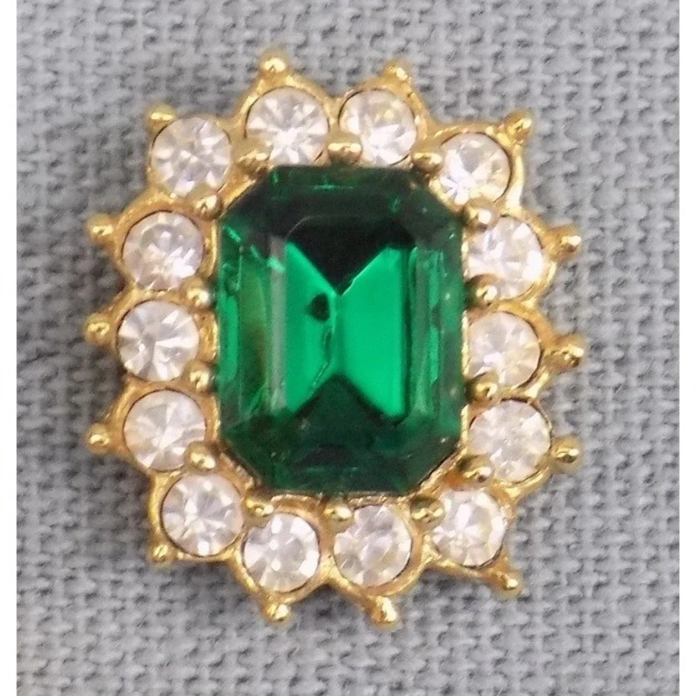Roman Emerald Green & Clear CZ Signed Pendant & Pierced Earrings Set Rhinestone